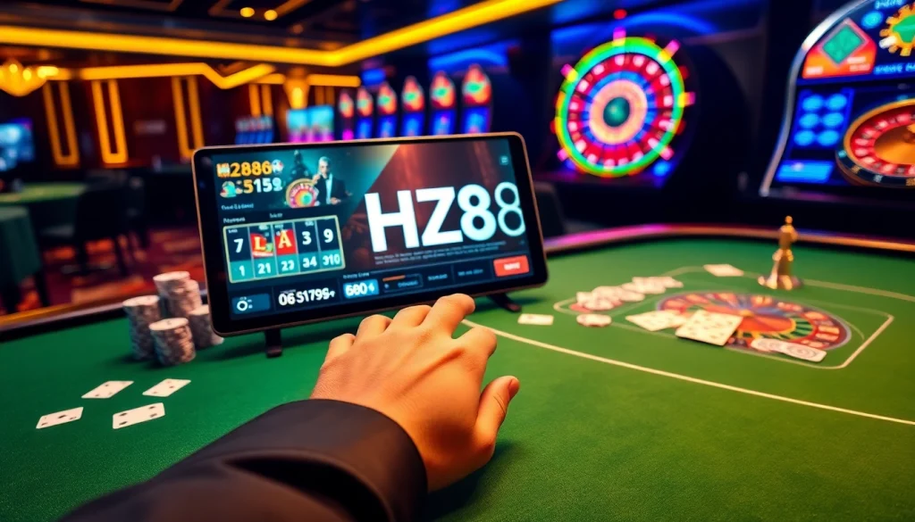 Engaging gambler executing HZ88 đăng nhập on sleek casino interface with poker chips