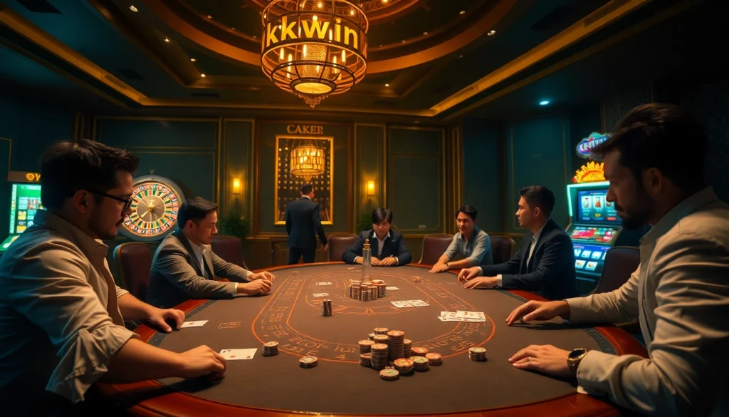 Engaging poker players at a luxurious casino table, showcasing experiences from https://kkwin.diy/.
