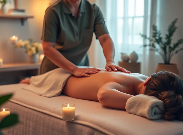 Experience the calming essence of 동탄출장마사지 with a soothing home massage setup featuring a professional therapist.