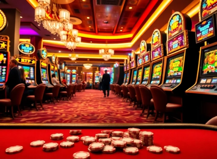 Players enjoying RTP Slot Live at luxurious casino slot machines, immersed in excitement.