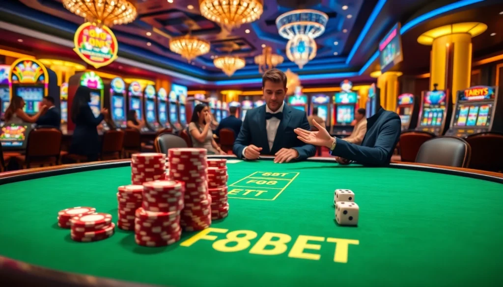 F8BET gaming table scene with players cheering and colorful slot machines in vibrant casino atmosphere.