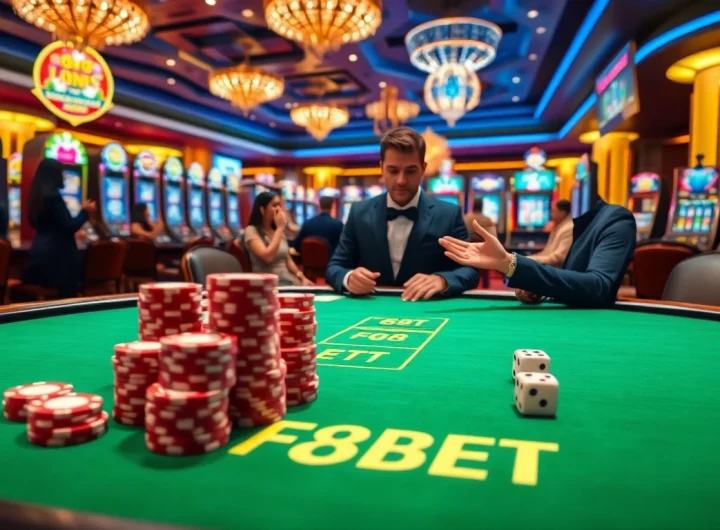 F8BET gaming table scene with players cheering and colorful slot machines in vibrant casino atmosphere.