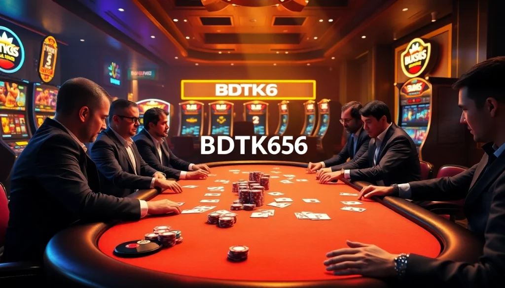 Players engage in a game at the BDTK66 poker table, showcasing high-quality chips and cards.