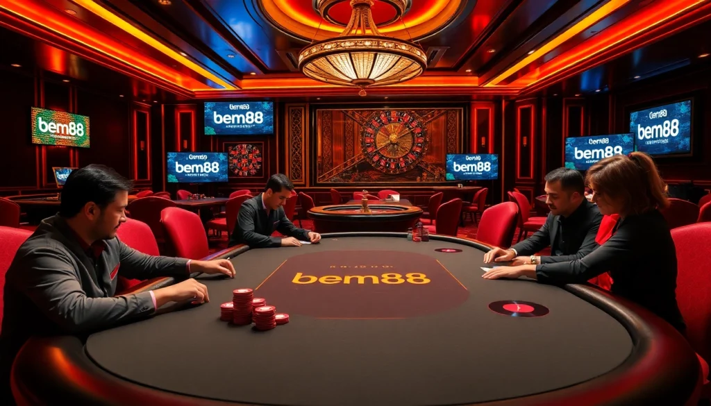 Players competing at bem88 poker tables in a luxurious casino setting with vibrant colors.