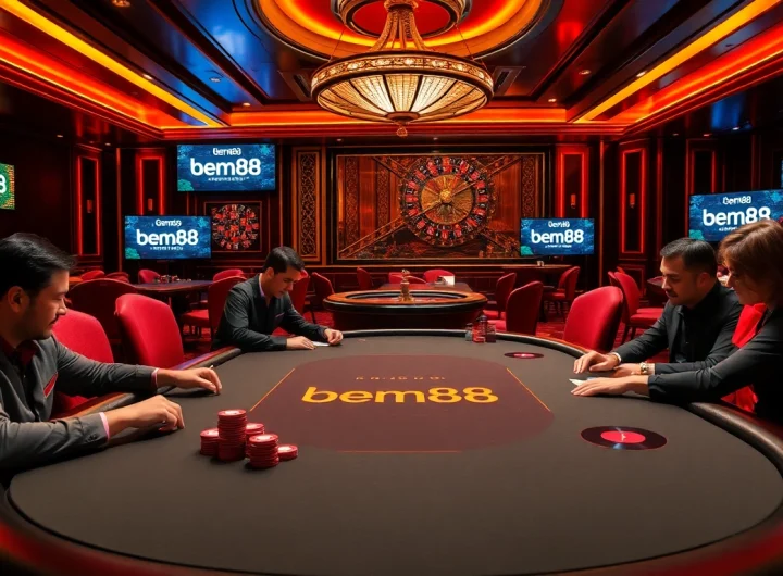 Players competing at bem88 poker tables in a luxurious casino setting with vibrant colors.
