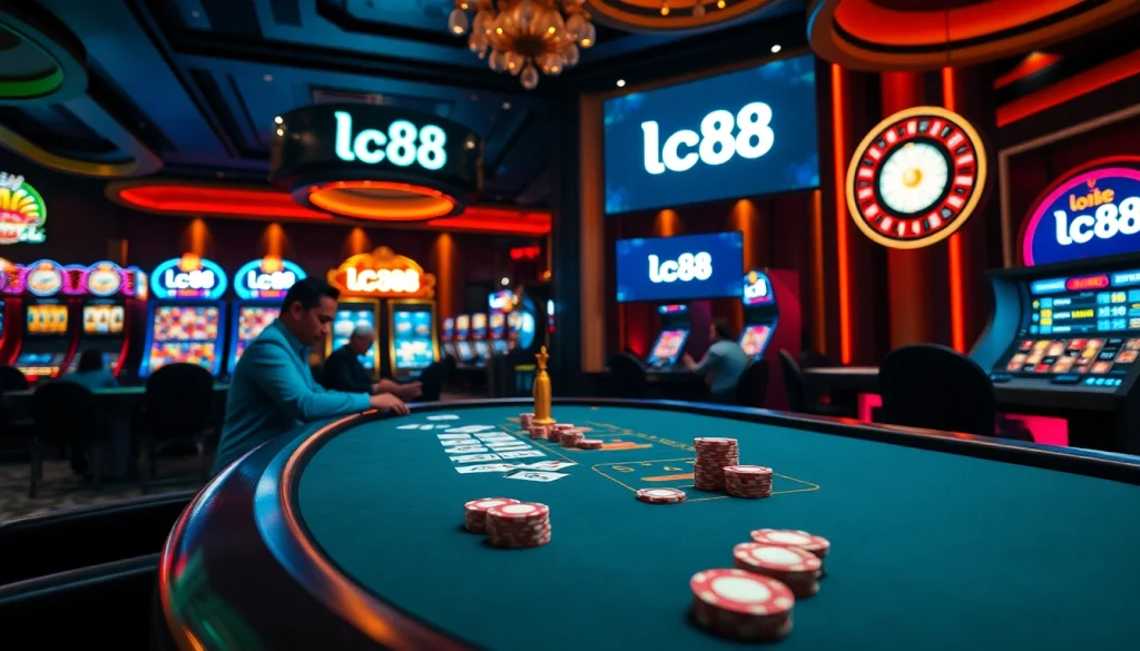 Experience the excitement of lc88 with players engaged in poker at a vibrant casino.