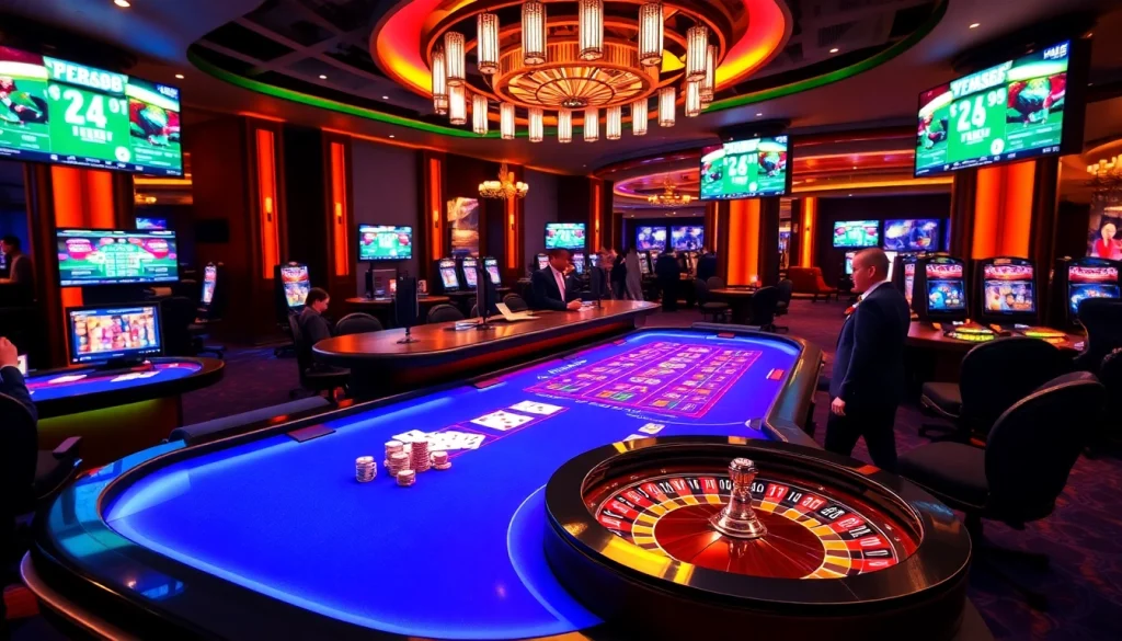 Exciting KP88 online casino scene with vibrant gaming elements, dealer interactions, and luxurious ambiance.