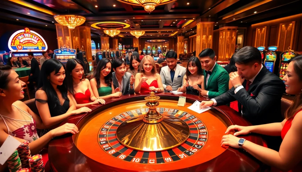 Lô Đề Trực Tuyến casino scene with players at a roulette table showcasing excitement and strategy.