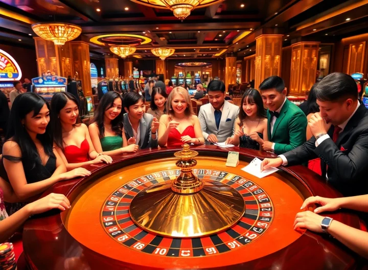 Lô Đề Trực Tuyến casino scene with players at a roulette table showcasing excitement and strategy.