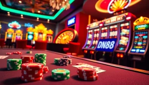 Exciting dn88 casino environment featuring poker chips, slot machines, and a roulette wheel.