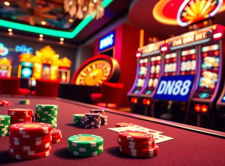 Exciting dn88 casino environment featuring poker chips, slot machines, and a roulette wheel.