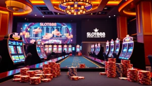 Engaging gamblers at เว็บตรง SLOT888 with vibrant slot machines and colorful poker chips.