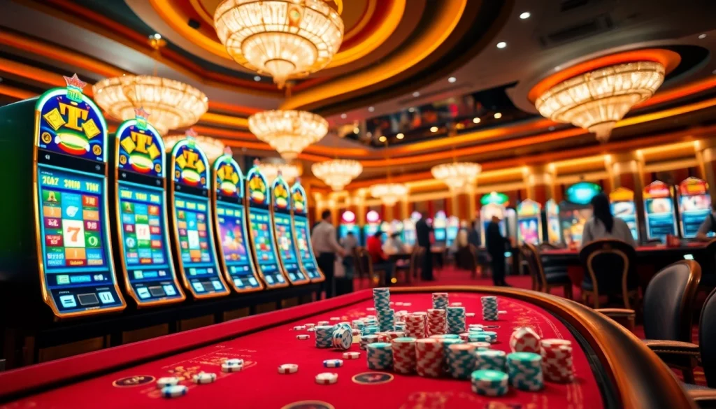 Nổ Hũ Đổi Thưởng slot machines illuminate a luxury casino atmosphere with vibrant colors and exciting gameplay.