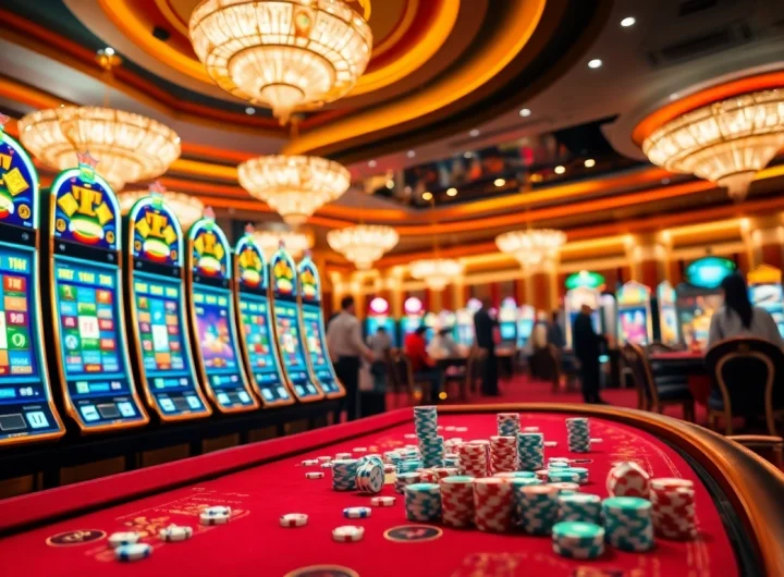 Nổ Hũ Đổi Thưởng slot machines illuminate a luxury casino atmosphere with vibrant colors and exciting gameplay.