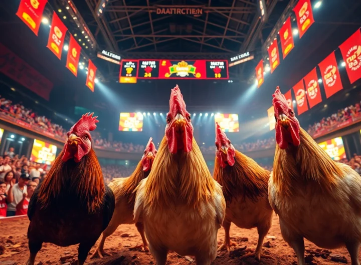 Exciting live cockfighting event at dagatructiep 1 arena, showcasing fighters and cheering crowd.