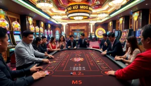 Players engaging with the Tài xỉu md5 game at a vibrant casino, highlighting excitement and strategy.