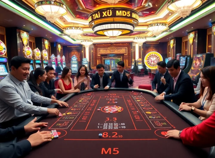 Players engaging with the Tài xỉu md5 game at a vibrant casino, highlighting excitement and strategy.