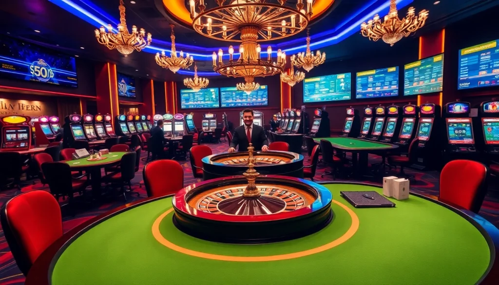 Players enjoy a thrilling casino experience at 58win with a roulette wheel and vibrant slot machines.
