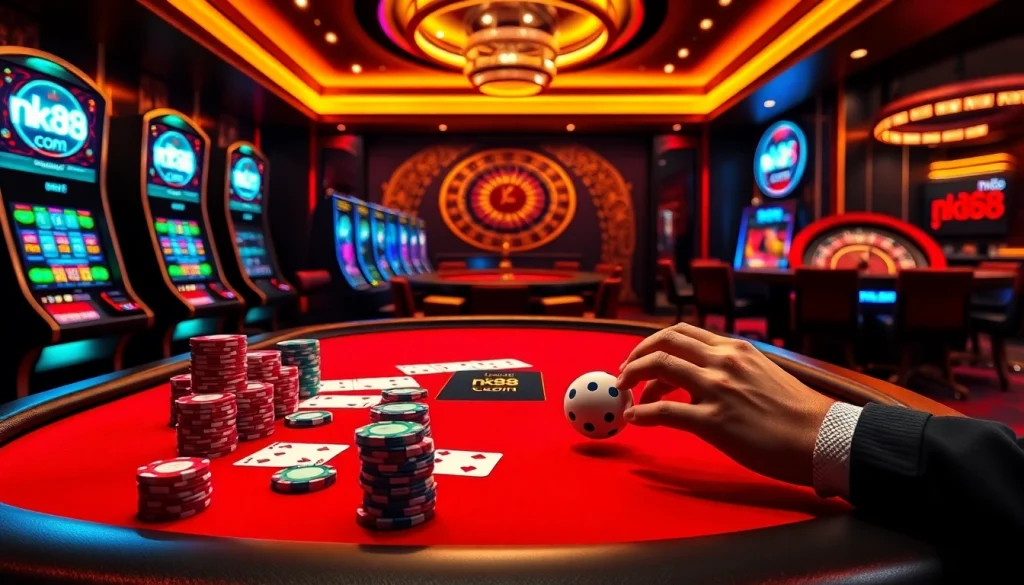 Engaging poker and slot gameplay showcasing nk88 com’s secure, fast betting interface in a luxury casino scene