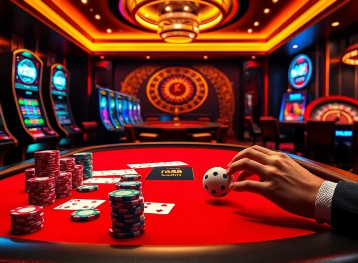 Engaging poker and slot gameplay showcasing nk88 com’s secure, fast betting interface in a luxury casino scene