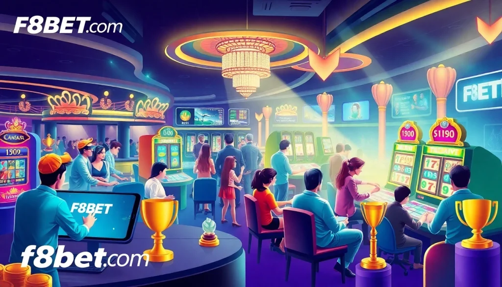 Exciting online gaming scene with diverse players at f8bet.com, showcasing casino games and promotions.