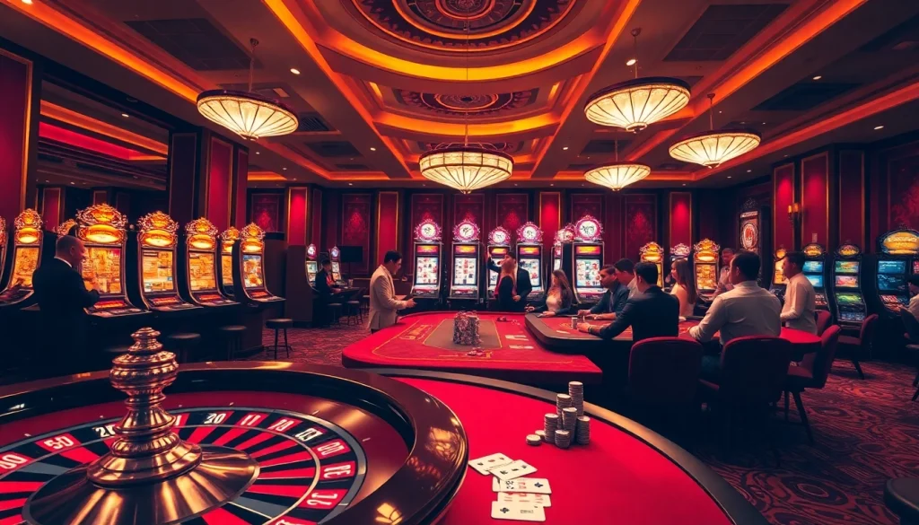 Players enjoying thrilling games at xx88csn com casino featuring poker tables and slot machines.