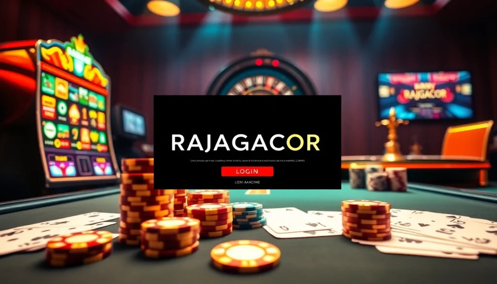 RAJAGACOR login interface showcasing vibrant slot machines and poker chips in an online casino setting.
