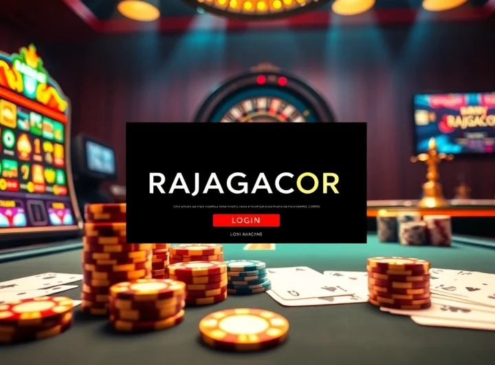 RAJAGACOR login interface showcasing vibrant slot machines and poker chips in an online casino setting.