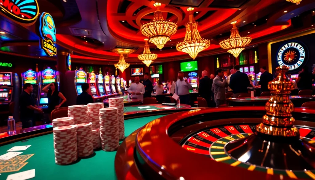 SODO casino with vibrant tables and enthusiastic players enjoying high-stakes gambling excitement.