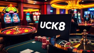 LUCK8 offers a luxurious online casino experience with poker chips and vibrant slot machines.