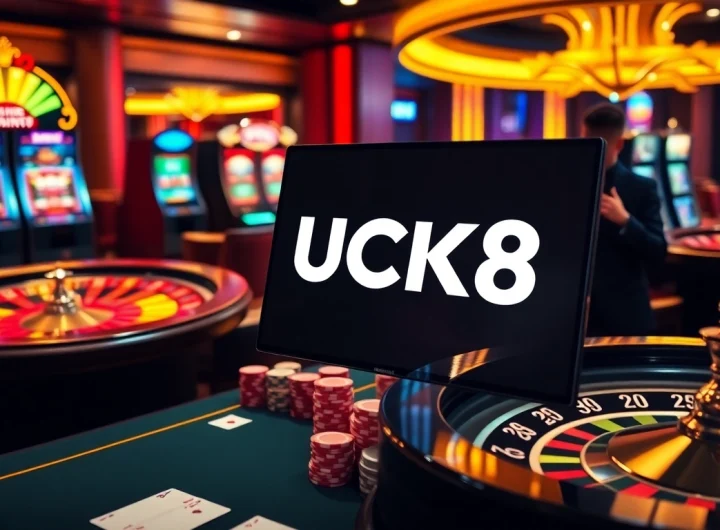 LUCK8 offers a luxurious online casino experience with poker chips and vibrant slot machines.