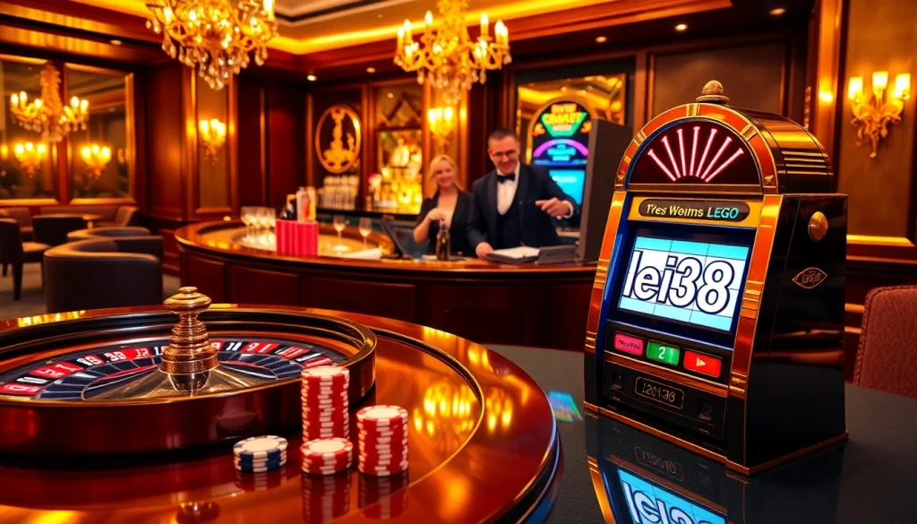 Experience winning with lego138 at an upscale casino featuring poker chips and slot machines.