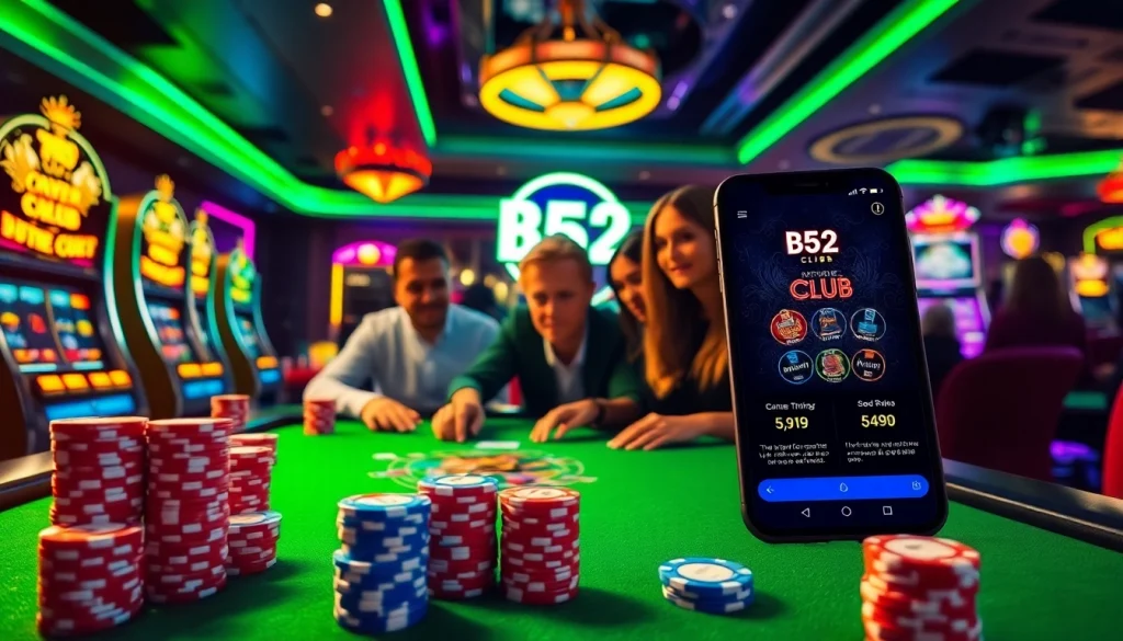 B52 CLUB players enjoying an exciting game session at a virtual casino table with colorful chips and cards.