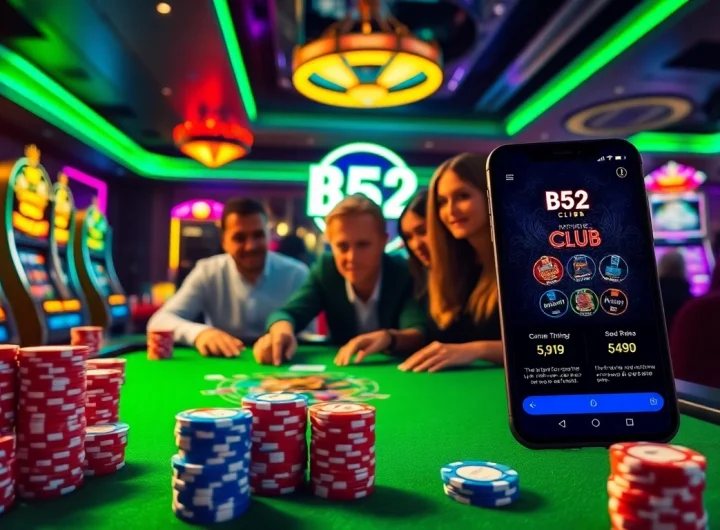 B52 CLUB players enjoying an exciting game session at a virtual casino table with colorful chips and cards.