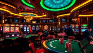 Experience thrilling games at situs 11's luxurious casino floor with dazzling slot machines and poker tables.