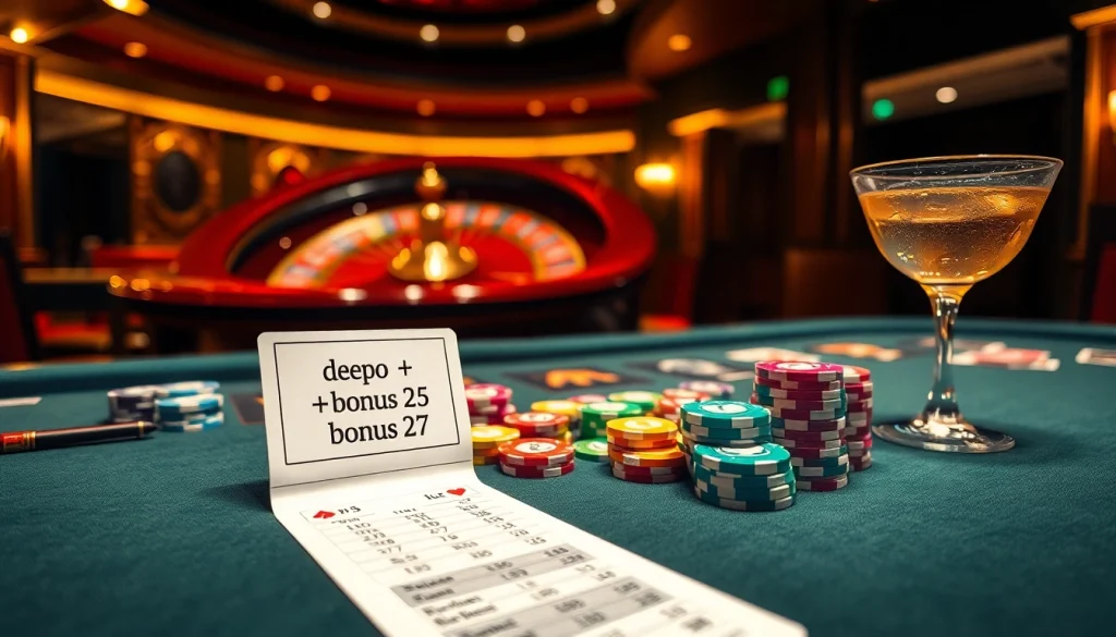 Experience the thrill of gambling with depo 25 + bonus 27 on a luxurious casino table laden with chips and cards.
