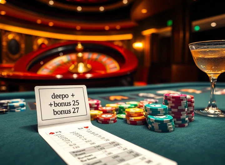 Experience the thrill of gambling with depo 25 + bonus 27 on a luxurious casino table laden with chips and cards.