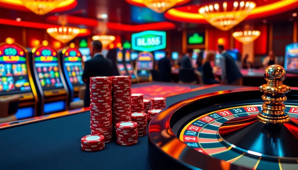 BL555 casino interface showcasing vibrant tables and exciting slot machines in an elegant setting.
