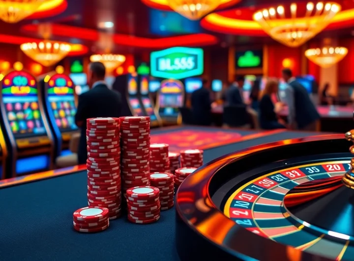 BL555 casino interface showcasing vibrant tables and exciting slot machines in an elegant setting.