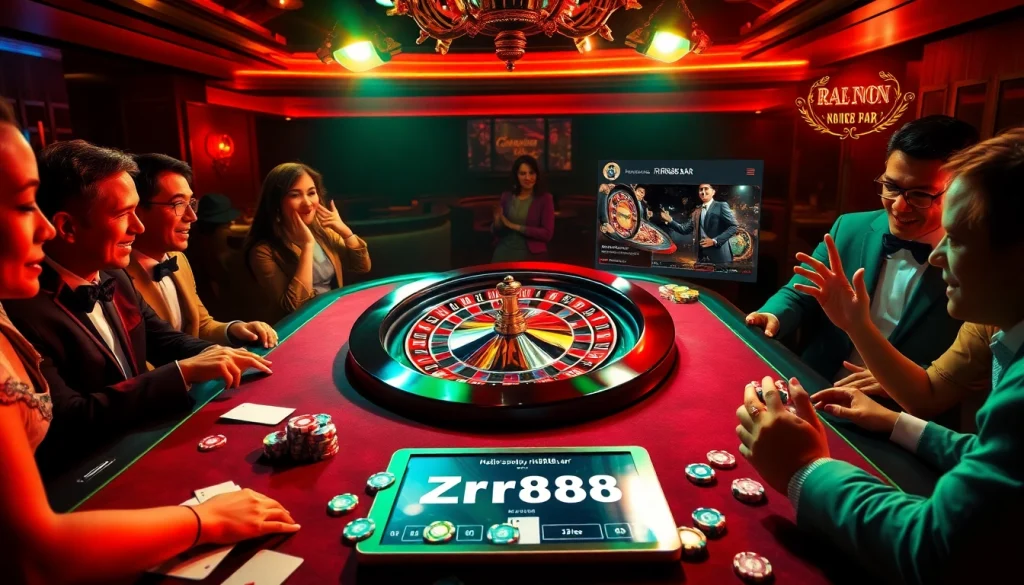 Experience the thrill of gambling at https://rr88.bar/ with players enjoying roulette and poker in a vibrant casino setting.