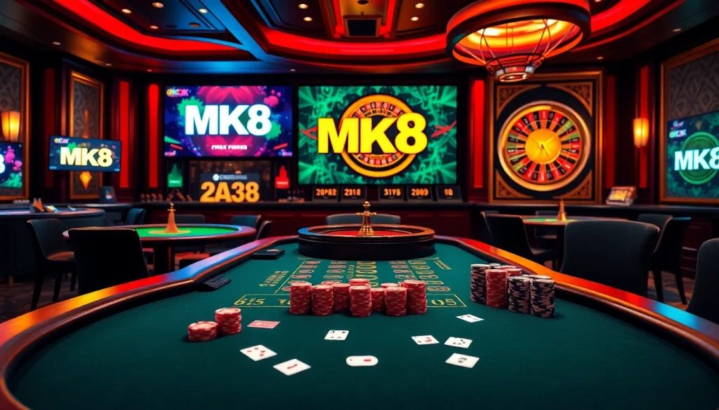 Experience the thrill of MK8 gaming in a vibrant casino setting with poker tables and roulette wheels.