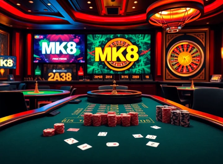 Experience the thrill of MK8 gaming in a vibrant casino setting with poker tables and roulette wheels.