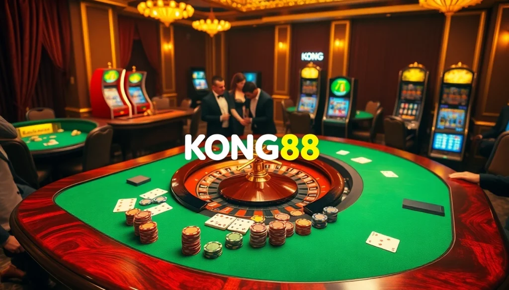 KONG88 poker game with vibrant chips and cards at a luxurious casino table.
