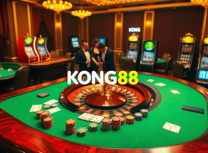 KONG88 poker game with vibrant chips and cards at a luxurious casino table.