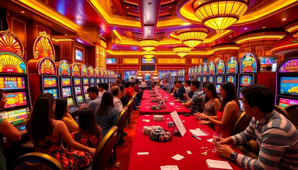 Players enjoying slot777 machines in a vibrant casino, celebrating a jackpot win.