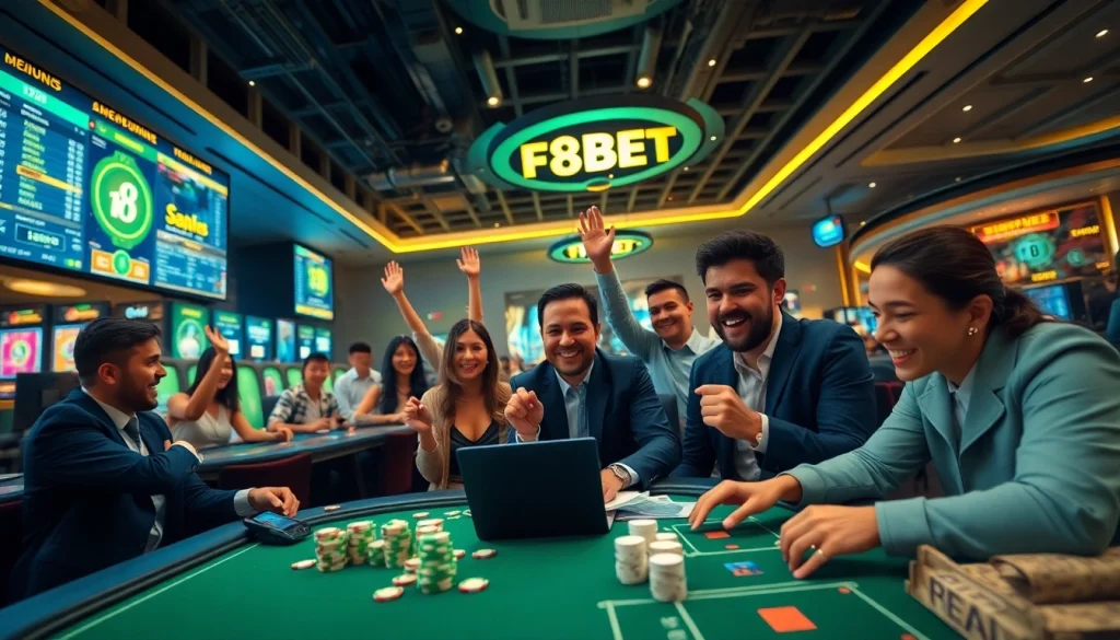 Experience the excitement of online gambling at f8bet.com, featuring players engaged in thrilling games like poker and slots.