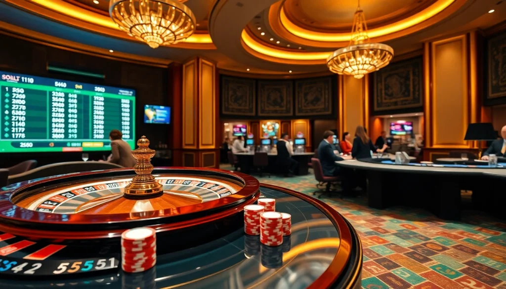 Engaging scene illustrating Judi Bola Resmi betting in a luxurious casino setting, with roulette and poker elements.
