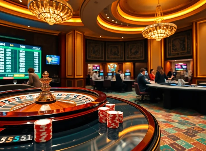 Engaging scene illustrating Judi Bola Resmi betting in a luxurious casino setting, with roulette and poker elements.