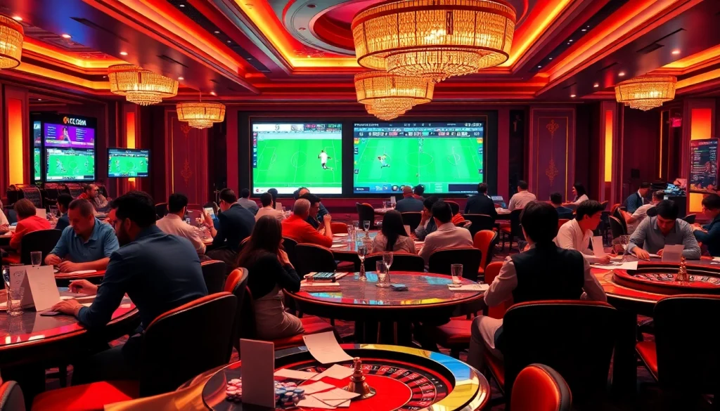 Bettors engaging in Judi Bola Online with excitement at a luxurious sports betting venue, analyzing strategies.