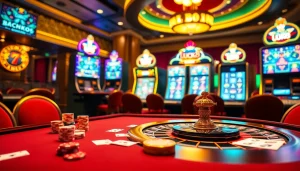 LUCK8 casino scene showcasing poker chips and a roulette wheel in an elegant environment
